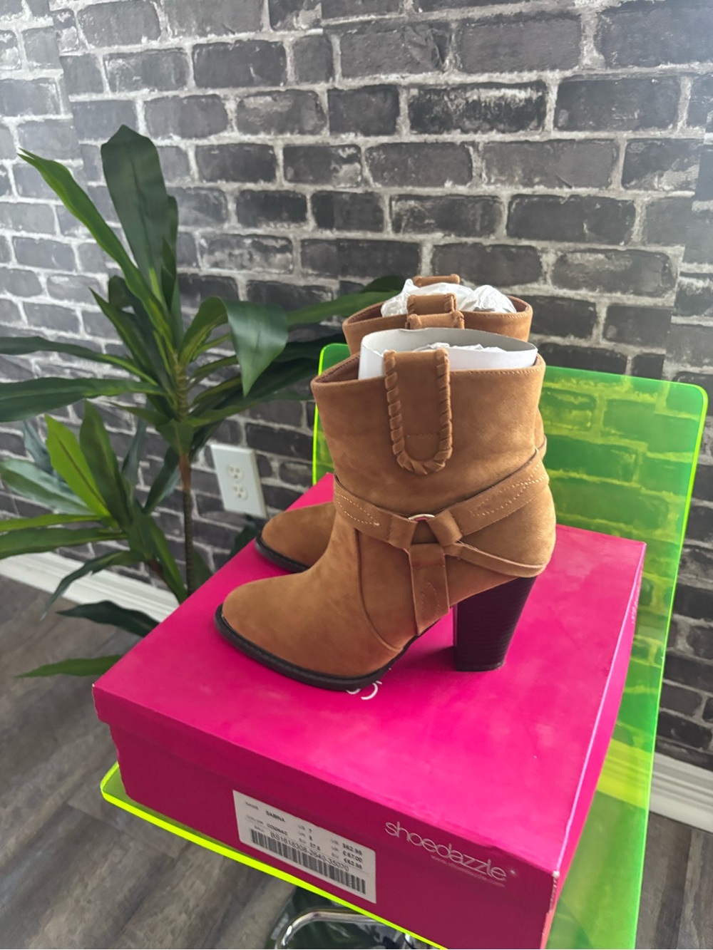 Shoe‎ Dazzle Cognac Suede Wrap-Strap Block Heel Ankle Boots